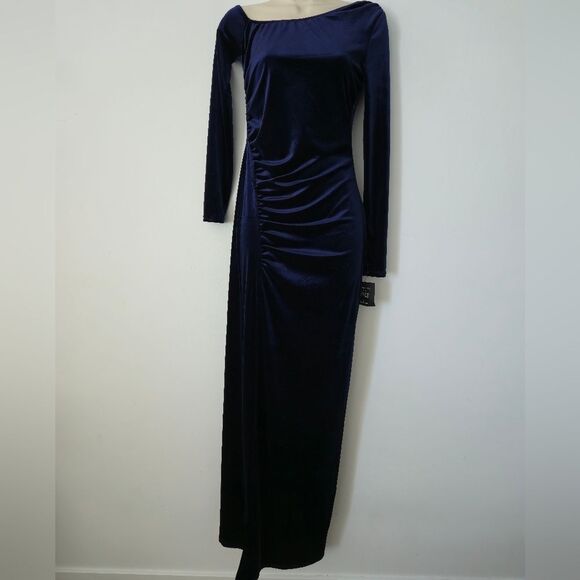 NWT Lulus Notorious Icon Navy Blue Velvet Asymmetrical Maxi Dress - Picture 1 of 7